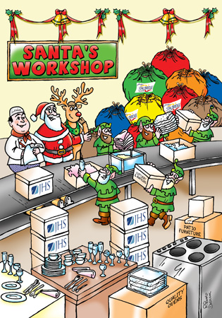 Corporate Christmas card for Stalbridge Linen. They are in Santa's workshop packing up linen and crockery ready for Christmas deliveries.