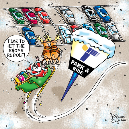 Corporate Christmas card design for park and ride Santa and rudolf flying into park. Time to hit the shops Rudolf!