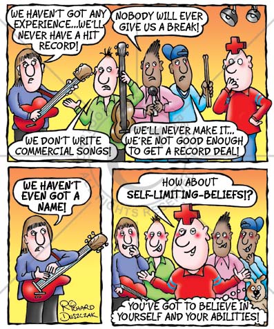 Self limiting beliefs - cartoon strip. Motivational cartoon strip of boy band who are lacking in self belief. First frame: