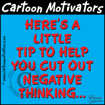 motivational cartoon - flicking elastic band on wrist to not think negative