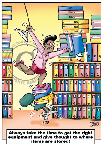 Health and safety cartoon, falling hazard of lady stood on a chair trying to reach something