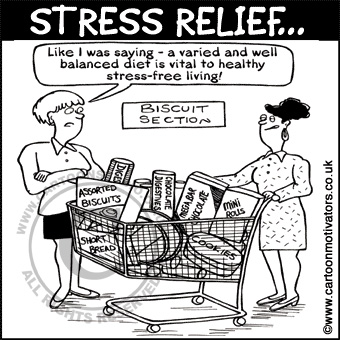 Stress cartoon - a balance diet is the key to relieving stress - not biscuits